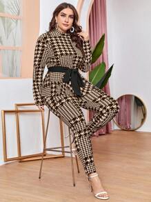 Mulvari 大尺碼女千鳥格針織兩件套 - 卡其色 - 查看 1