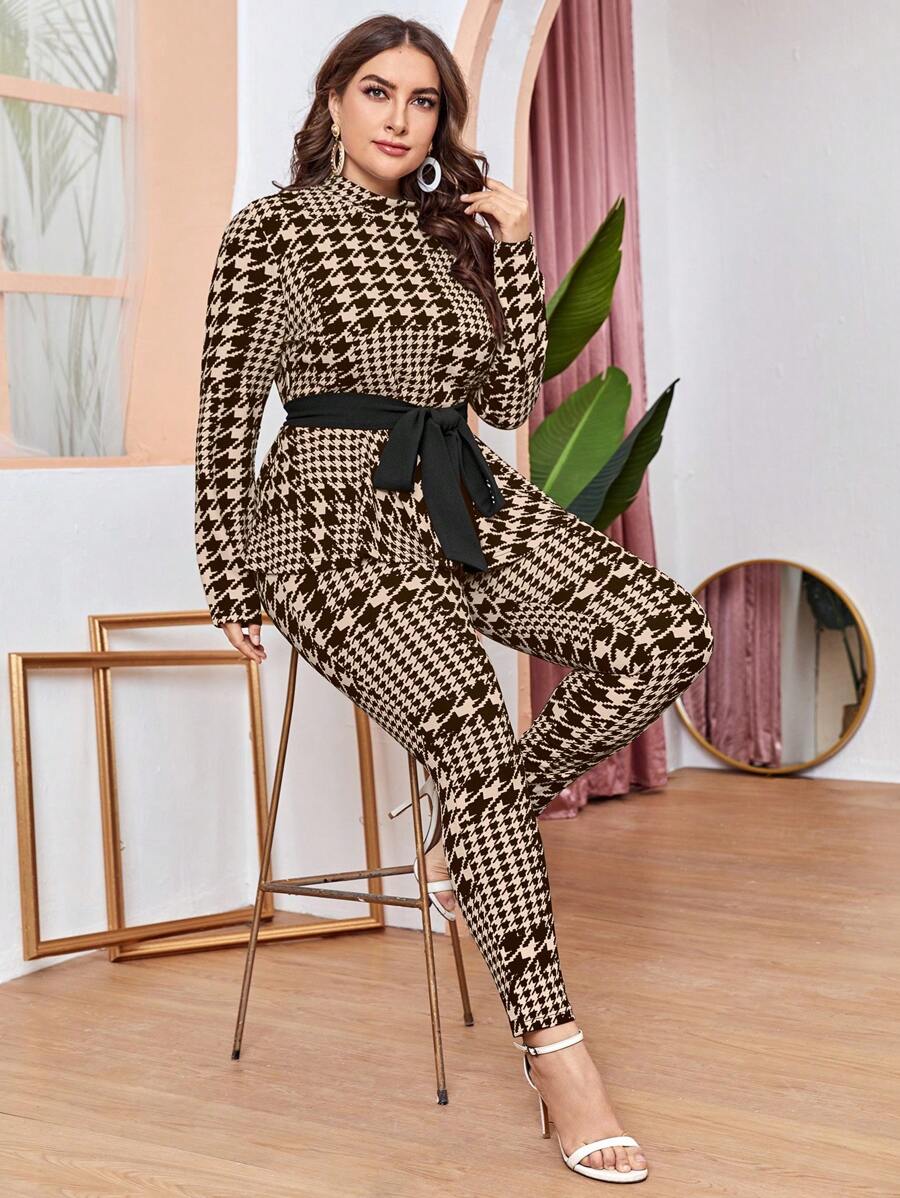 Mulvari 大尺碼女千鳥格針織兩件套 - 卡其色 - 查看 1