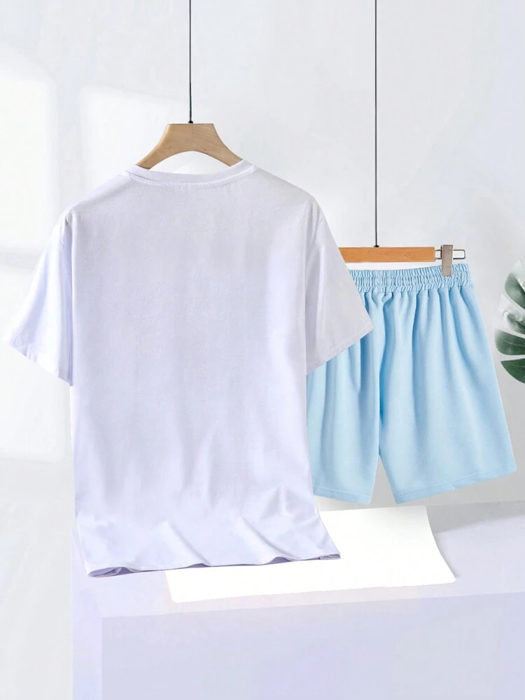 Men'S Cartoon Printed Short Sleeve T-Shirt And Shorts Set With Slanted Pocket