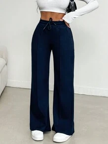 EURMUSE Trousers Made Of Knitted Fabric With Ribbed Seams On The Front - Navy Blue - View 4