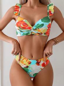 Printed Frill Trim Separates Bikini Set Summer Beach - Multicolor - View 8
