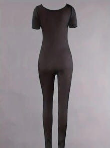 Simple Casual Style Solid Black Skinny Jumpsuit Unitard, Versatile For Commuting For Spring/Summer Wear Workout Sets Women - Black - View 2