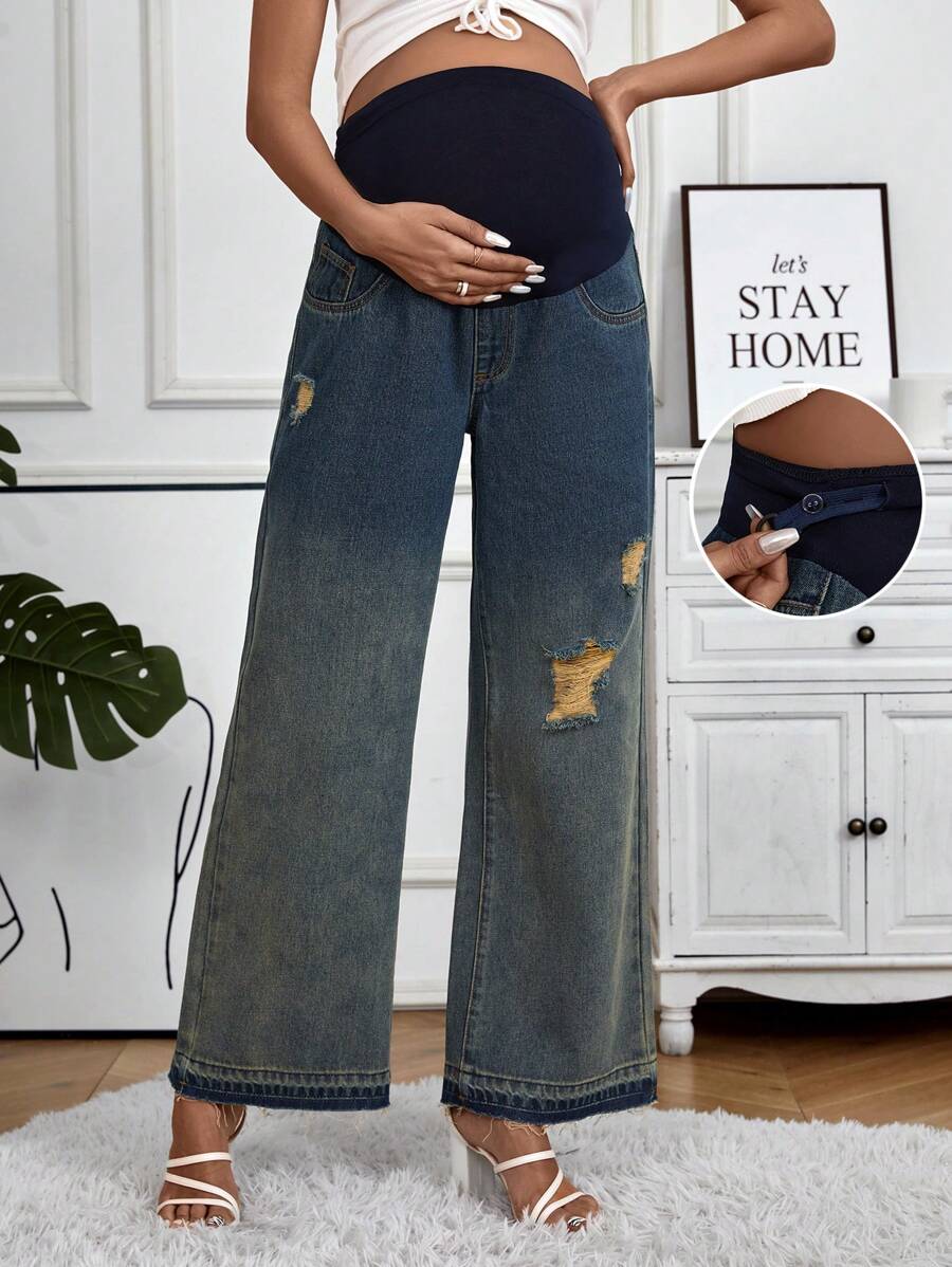 SHEIN Maternity Ripped Adjustable Waist Denim Trousers Jeans - Dark Wash - View 1