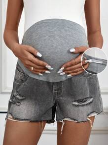 SHEIN Maternity Ripped Adjustable Waist Denim Shorts - Grey - View 1