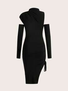 SHEINNeu Slim Fit Cut Out Drawstring Side Detailing Dress - Black - View 2