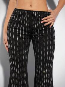 SHEIN BAE Thickened Delicate Rhinestone Summer Streetwear Low Waist Flared Pants In Solid Black - Black - View 6