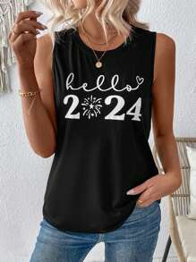 SHEIN LUNE Áo ba lỗ in hình chúc mừng năm mới 2024 dành cho nữ cho mùa hè - màu đen - Xem 4