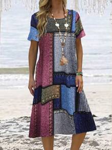 Patchwork Printed Dress With Hidden Pocket - Multicolor - View 4