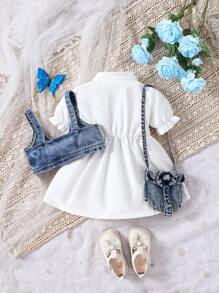 SHEIN Baby Girl Denim Suspender And Puff Sleeve Dress Suit - Blue - View 2