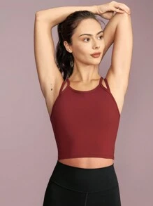 GLOWMODE FeatherFit™ Strappy Activity Cropped Tank Top Light Support Low Impact Yoga Daily - Burgundy - View 7