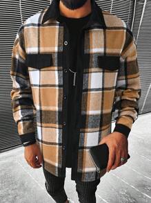 Manfinity Homme 男士寬鬆格子襯衫外套,襟翼細節設計