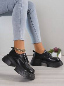 黑色厚底增高小皮鞋女2024春秋新款百搭復古粗跟繫帶瑪莉珍鞋 - 黑色 - 查看 2