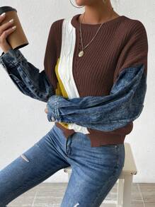 SHEIN Essnce Women's Contrast Denim Effect Drop Shoulder Sweater - Multicolor - View 3