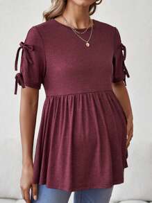 SHEIN Maternity Knotted Sleeve Ruffle Hem T-Shirt - Burgundy - View 4