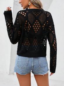 SHEIN LUNE Hollow Knitted Pullover Sweater Fall Winter - Black - View 2