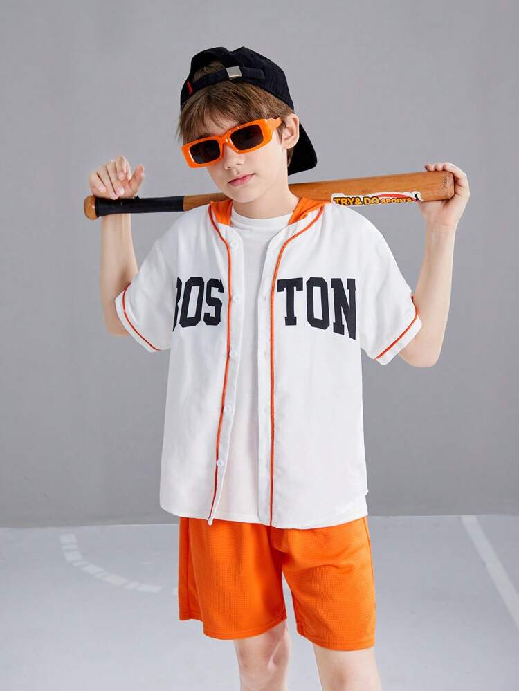 Tween Boys' Loose College Letter Pattern Hooded Contrast Color Shirt And Shorts Two-Piece Set