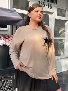 SHEIN EZwear 大碼女性星形貼花刺繡設計t恤 - 卡其色 - 查看 4