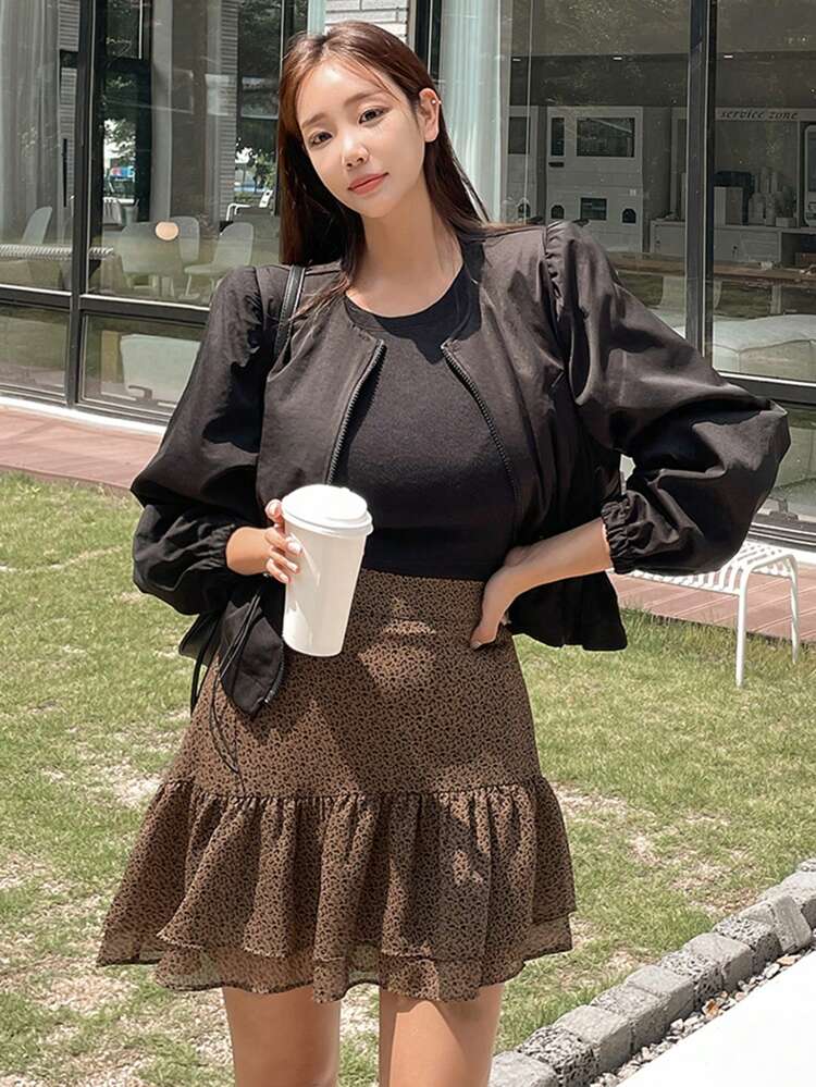 Women'S Leopard Print Short Versatile Skirt,Ruffle Fall Skirts