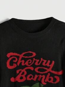 ROMWE Kawaii Valentine'S Day Cherry Plus Size Women'S Sweater Pullover - Black - View 4