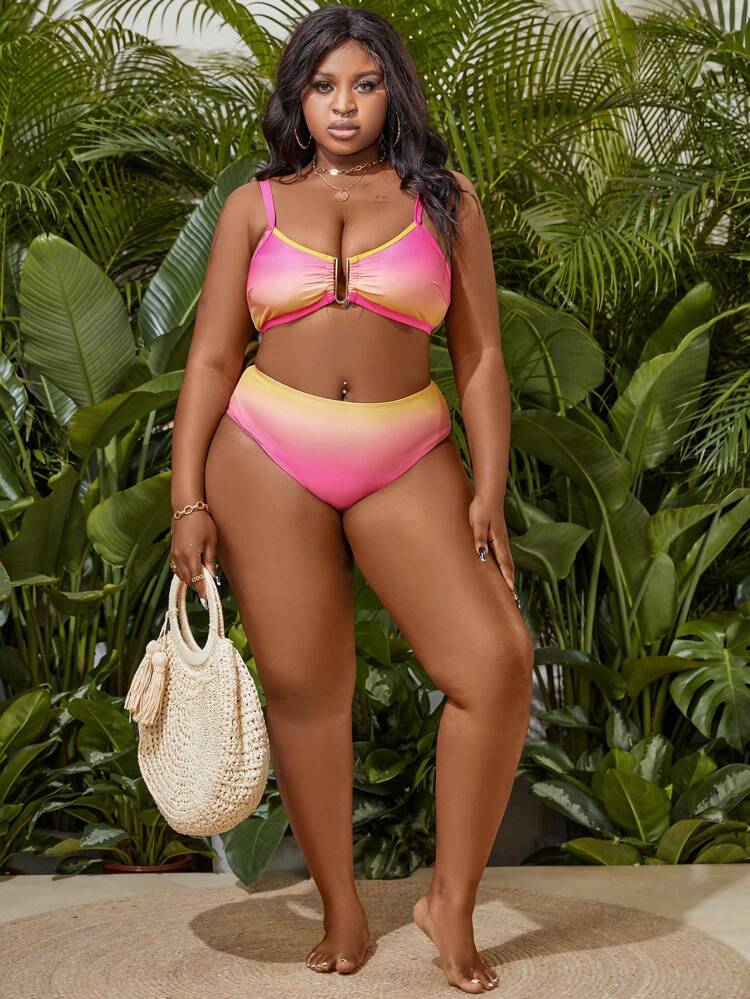 Plus Size Women's Gradient U-Shaped Buckle Swimwear Set Summer