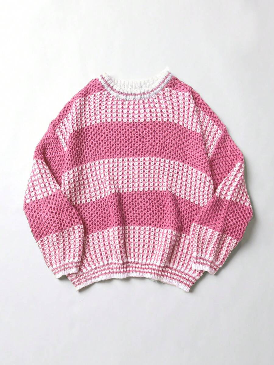 SHEIN Unity Women's Contrast Crew Neck Knit Pullover Fall Winter Sweater - Pink - View 1