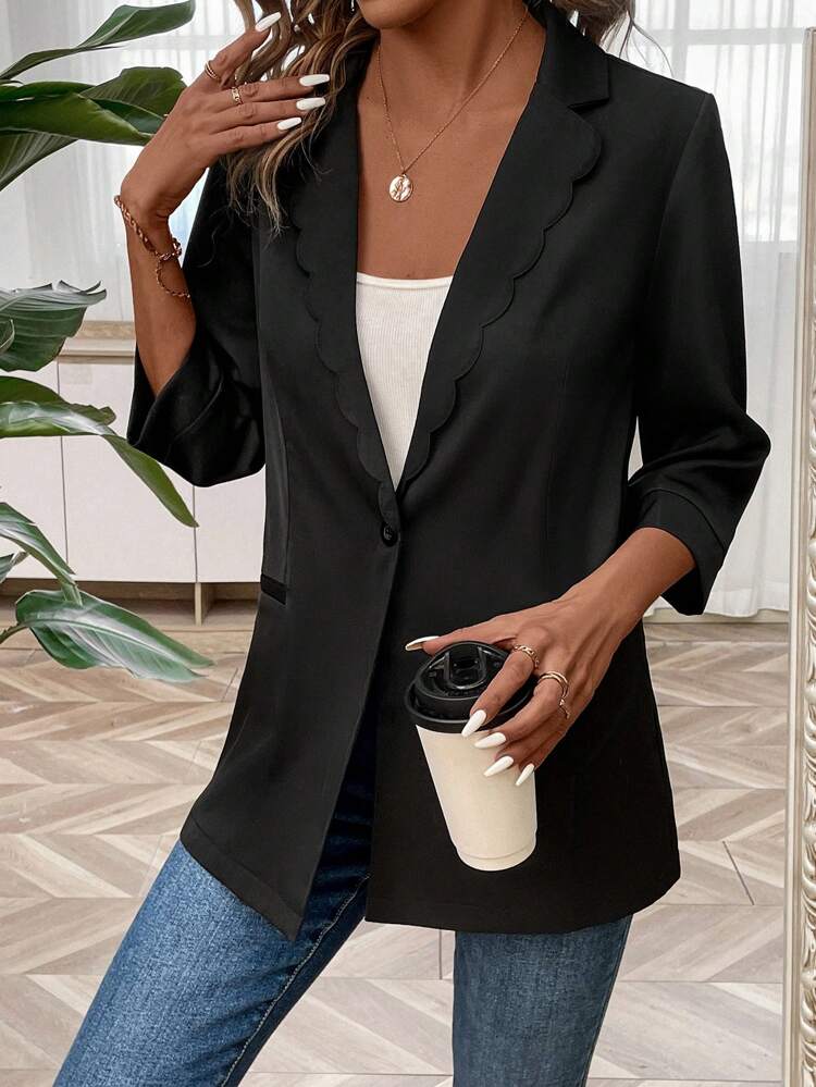 Blazer Com Borda De Concha De Cor Lisa