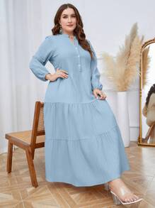 Mulvari 女款大尺碼紐扣半門襟荷葉邊下擺連身裙 - 淺藍色 - 查看 1