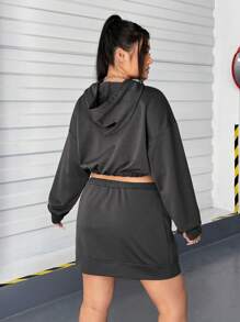 SHEIN EZwear Zweiteiliges Set Mit Kordelzug-kapuzenpullover Und Rock In Übergröße Für Damen - Grau - Übersicht 2