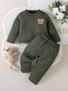 Baby Boy Bear Embroidered Applique Cable Knit Top And Pants Pajama Set - Army Green - View 1