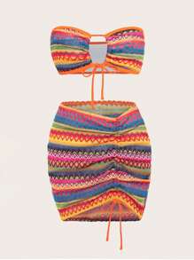 SHEIN Swim 幾何鏤空前結抹胸比基尼套裝搭配沙灘裙 - 彩色 - 查看 1