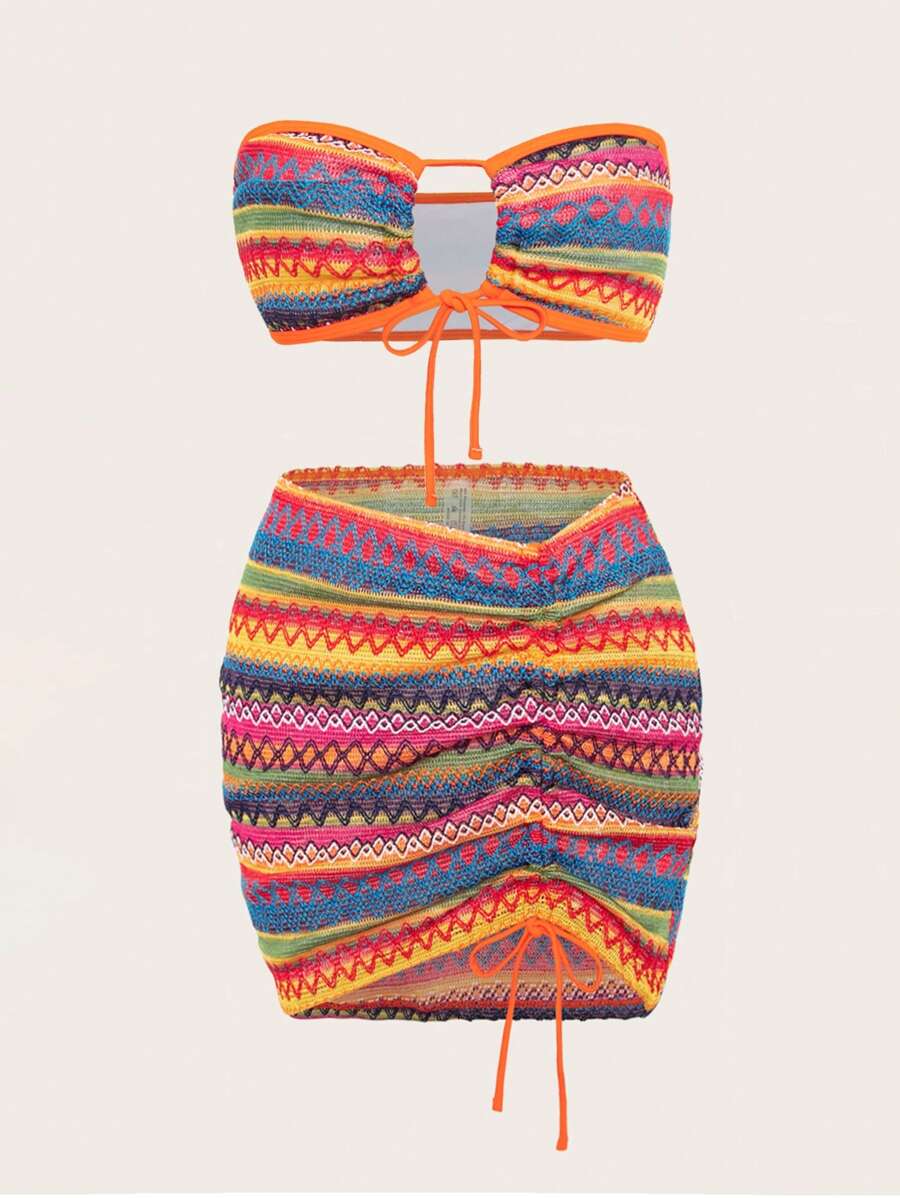 SHEIN Swim 幾何鏤空前結抹胸比基尼套裝搭配沙灘裙 - 彩色 - 查看 1