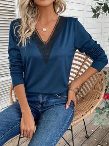 SHEIN Clasi Women's Lace Panel Long Sleeve T-Shirt - Navy Blue - View 6