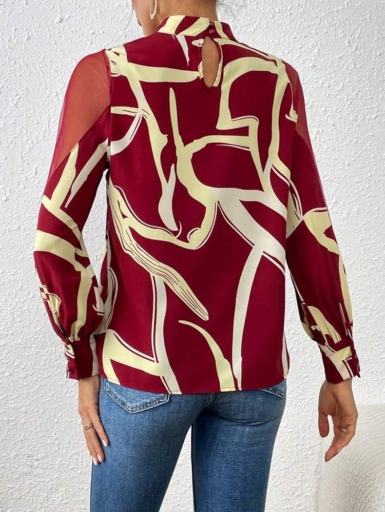 Women'S Printed Stand Collar Mesh Lantern Sleeve Shirt