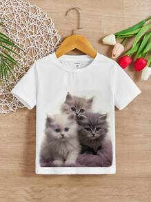 SHEIN Toddler Girls' Casual Animal Pattern Short Sleeve T-shirt, Suitable For Summer - White - View 1