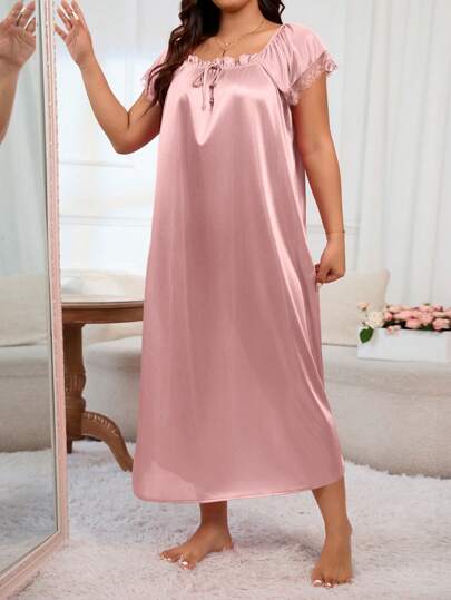 LuxeNights Plus Size Square Neck Bow Pajama Night Dress, Long Moo view 6