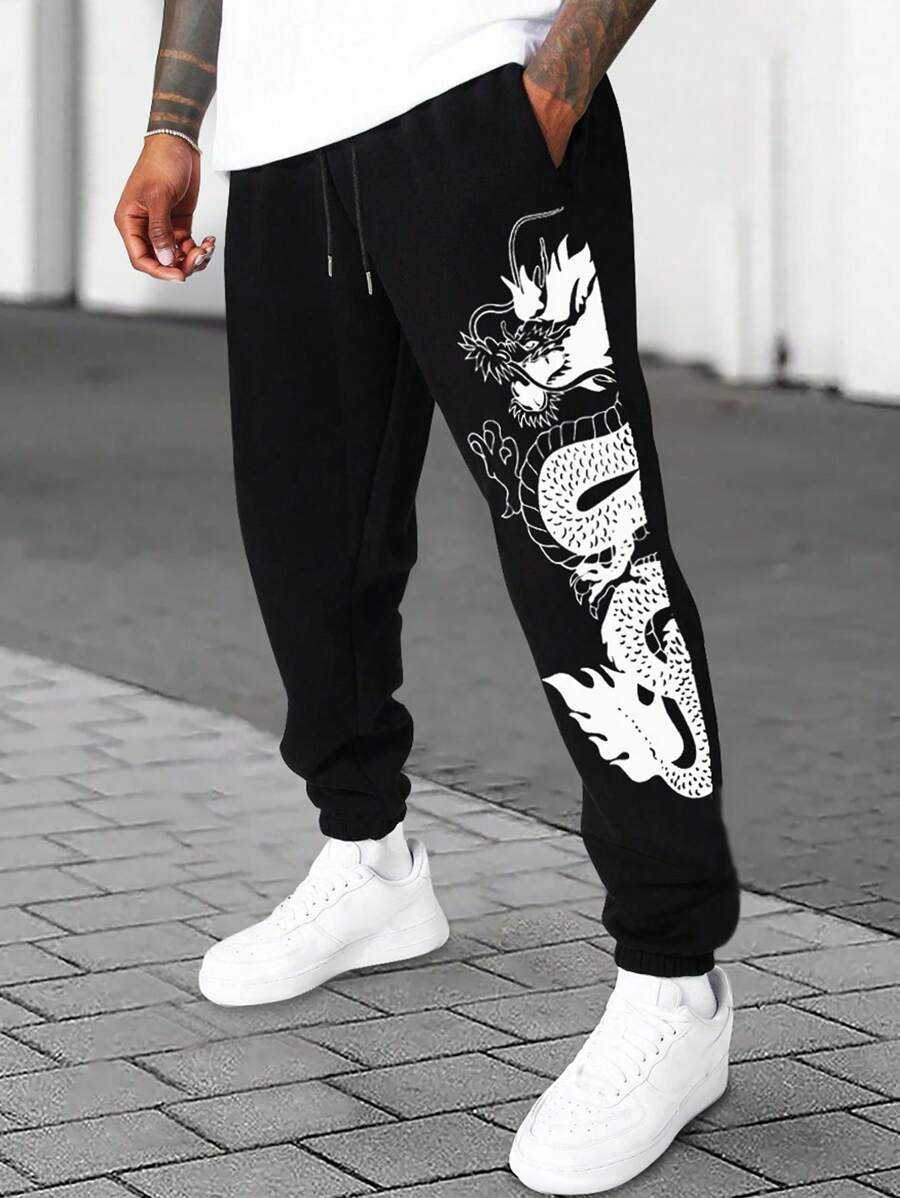 Manfinity LEGND Loose Men's Dragon Printed Sweatpants With Drawstring Waist - Black - View 1