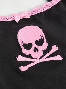 ROMWE Kawaii 女款拼布蕾絲骷髏印花吊帶背心 - 黑色 - 查看 4