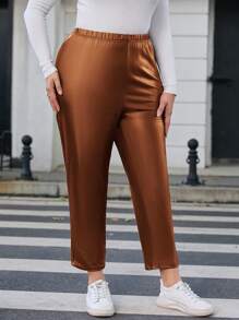 SHEIN LUNE 女式大尺碼金屬色布料彈性腰褲 - 鏽棕色 - 查看 5