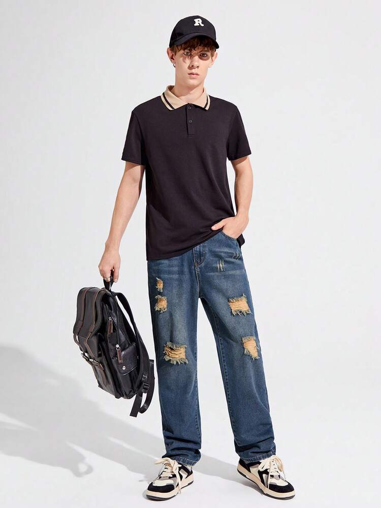 Teenagers Non-Stretch Regular Mid-Rise Asymmetrical Ripped Denim Trousers