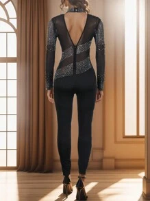 女士时尚性感网眼透明水钻装饰长袖连体裤，派对装 - 黑色 - 查看 3