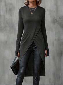 SHEIN LUNE Solid Tulip Hem Tee Fall Cloth For Women - Black - View 7