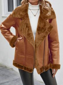 SHEIN LUNE Motorcycle Style Fur Collar Leather Jacket - Brown - View 6