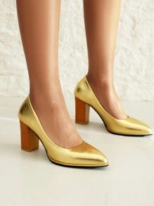 2024春秋新款女士高跟鞋粗跟尖头纯色特殊面料高跟鞋低鞋面时尚百搭简约款小皮鞋 - 金色 - 查看 1