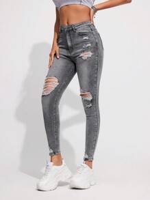 SHEIN Essnce بنطال جينز نسائي ممزق - رمادي - مشاهدة 1