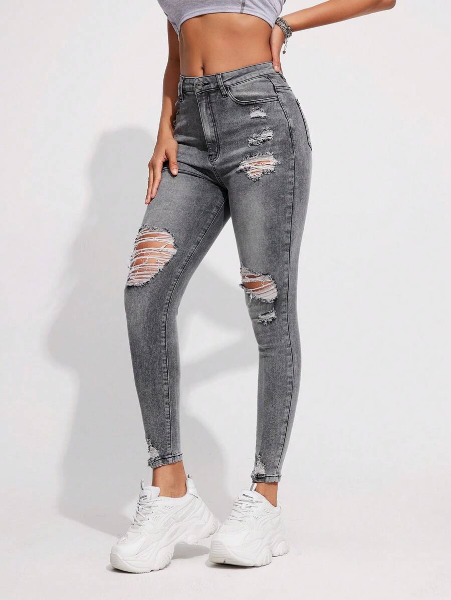 SHEIN Essnce بنطال جينز نسائي ممزق - رمادي - مشاهدة 1