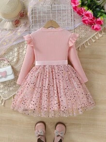 SHEIN Glamorique Kids Young Girl Knitted Long-Sleeved Tutu Dress Star Mesh Princess Dress