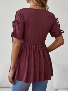 SHEIN Maternity Knotted Sleeve Ruffle Hem T-Shirt - Burgundy - View 2