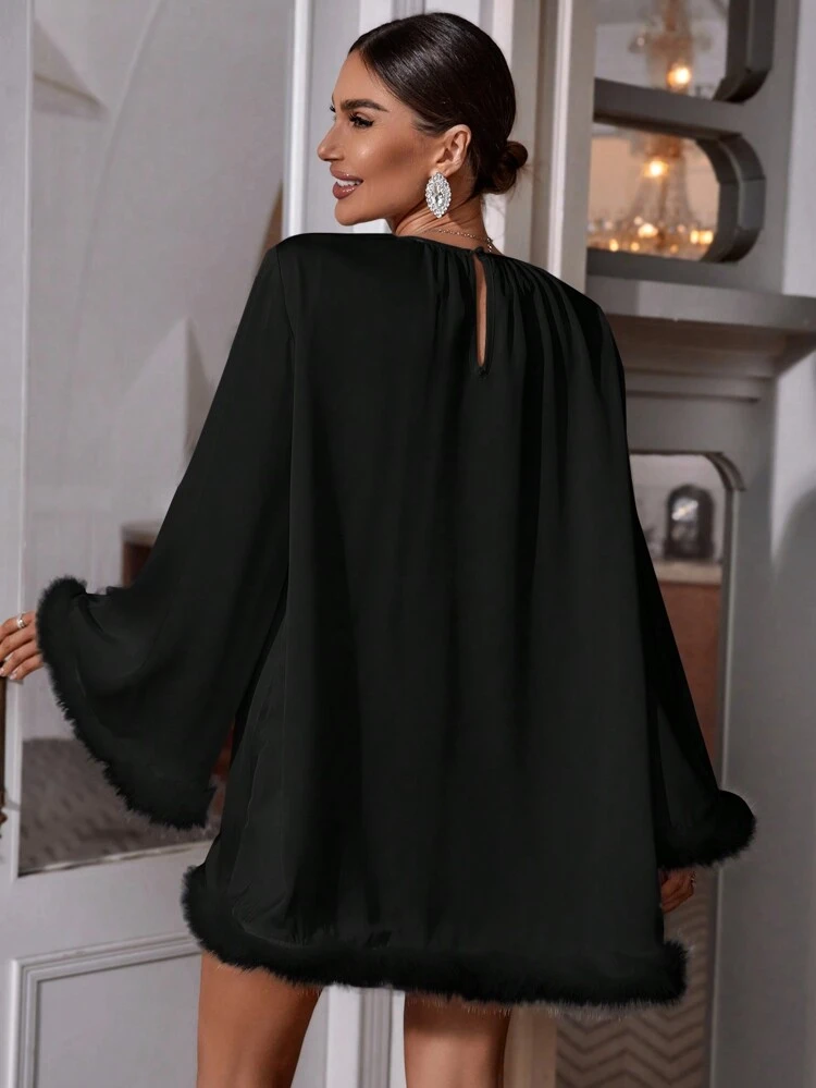 Fuzzy Trim Trumpet Sleeve Dress Without Belt