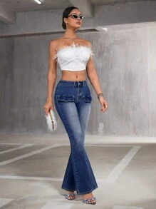 SHEIN BAE 女士喇叭牛仔褲 - 藍色 - 查看 5