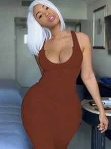 Vestido ajustado de punto acanalado de unicolor para mujer - Café integral - Ver 1